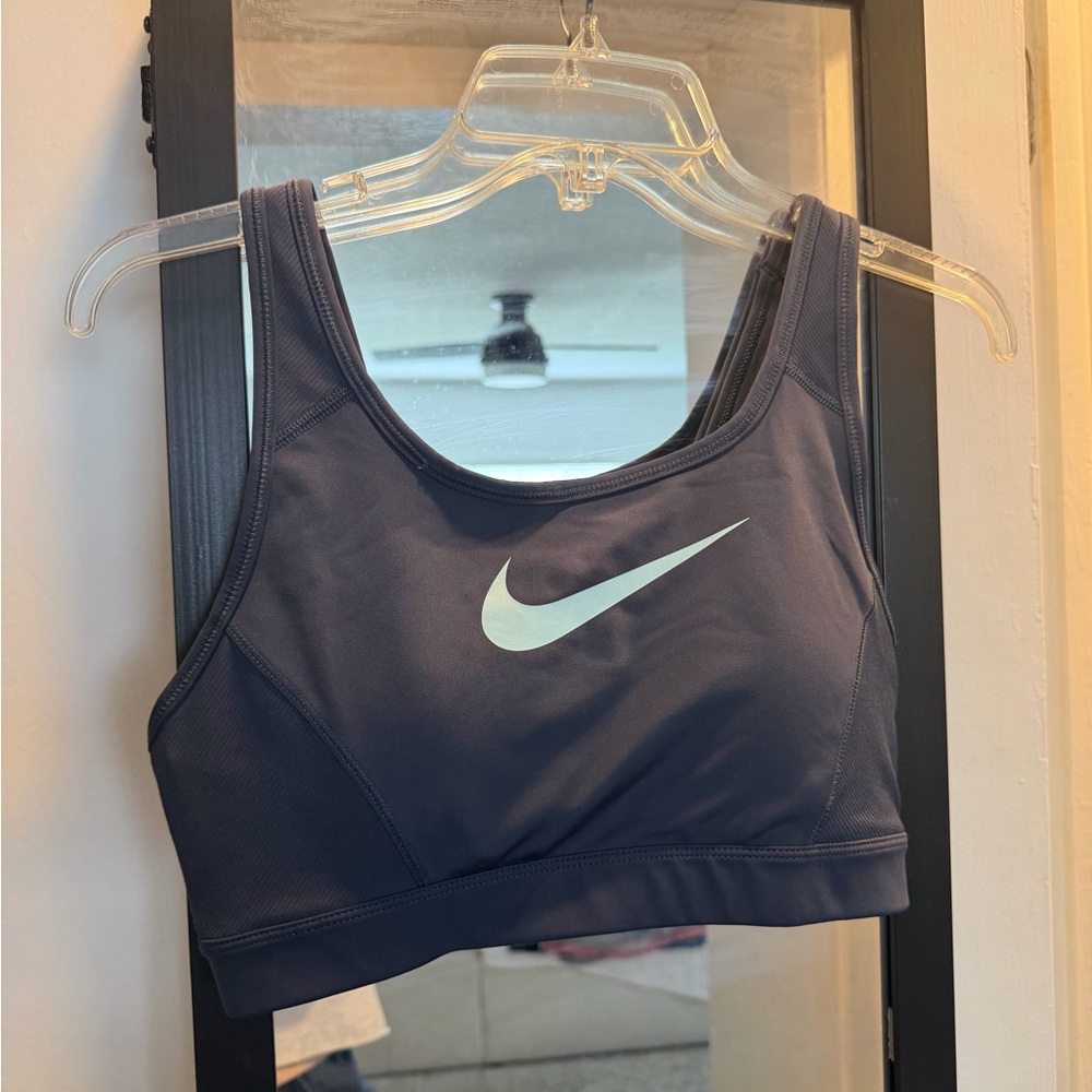 Nike Women's Navy Sports Bra with light blue Swoosh